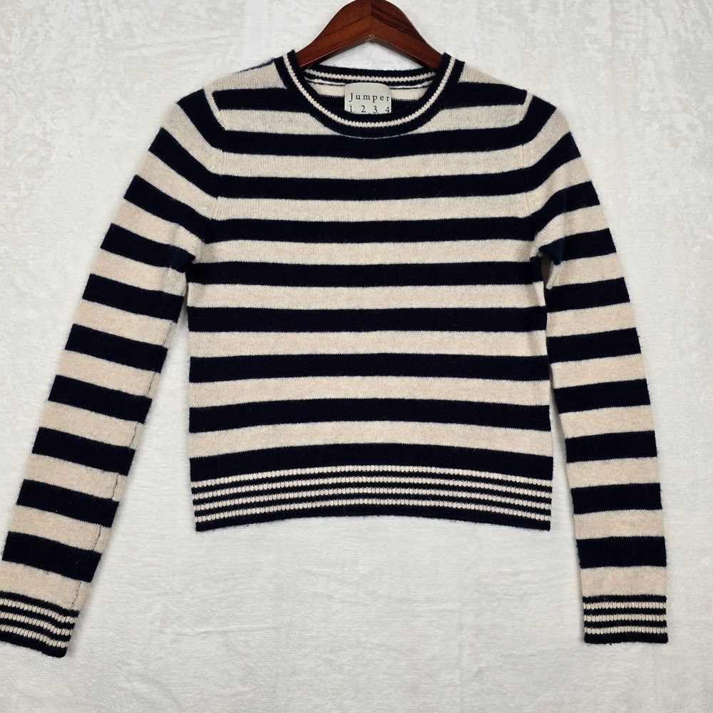 Jumper 1234 100% Cashmere Navy Blue Cream Striped Crewneck Sweater Size 1